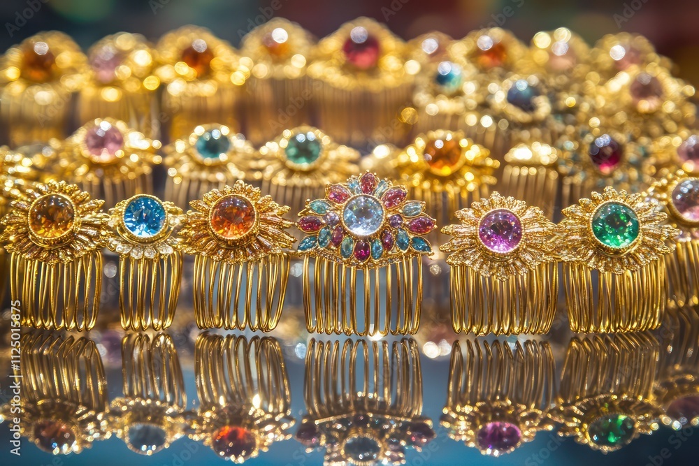 An array of golden hair combs, each set with multicolored gemstones, arranged on a reflective mirrored surface to multiply their sparkle. An array of golden hair combs, each set with multicolored gemstones, arranged on a reflective mirrored surface to multiply their sparkle.