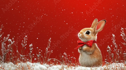 Adorable rabbit in a festive setting with snowflakes and red background