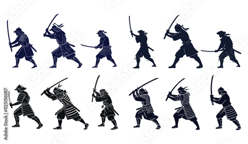 Vector Set Of samurai warriors Silhouettes Illustrations Isolated On White Background, Silhouettes of samurai warriors practicing various sword-fighting stances and techniques