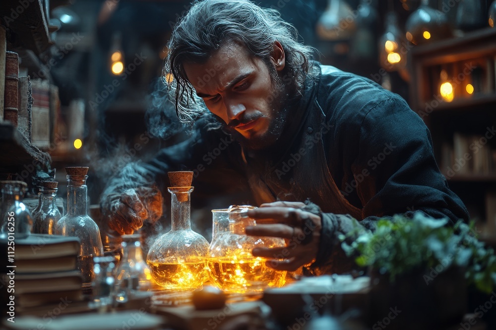 A mysterious alchemist in a dimly lit workshop, mixing glowing liquids in glass beakers surrounded by ancient books and herbs. Generative AI A mysterious alchemist in a dimly lit workshop, mixing glowing liquids in glass beakers surrounded by ancient books and herbs. Generative AI