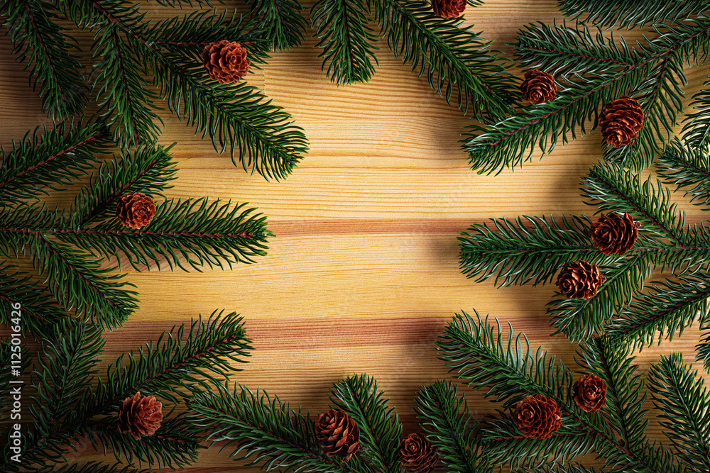 Christmas background. Fir branches on a wooden background. New Year and Christmas decorations as a festive background.