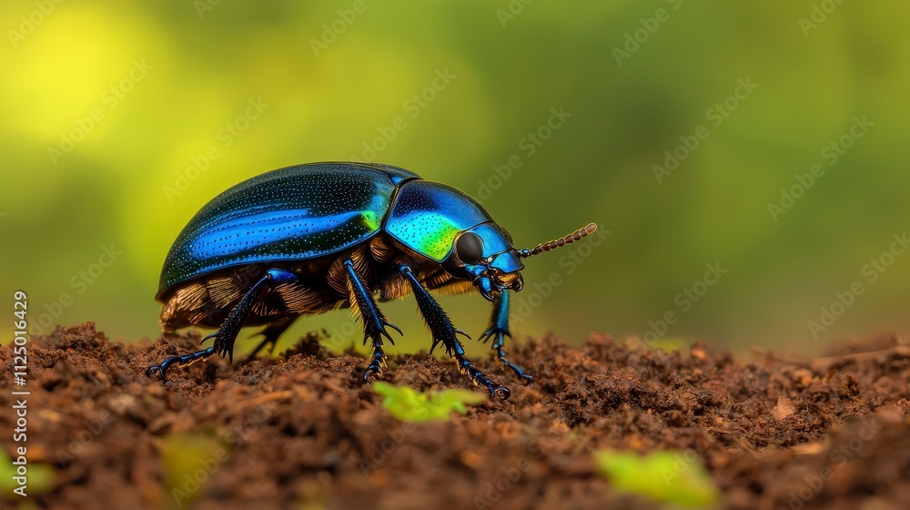 Iridescent Jewel Beetle on Dark Soil Background Iridescent Jewel Beetle on Dark Soil Background