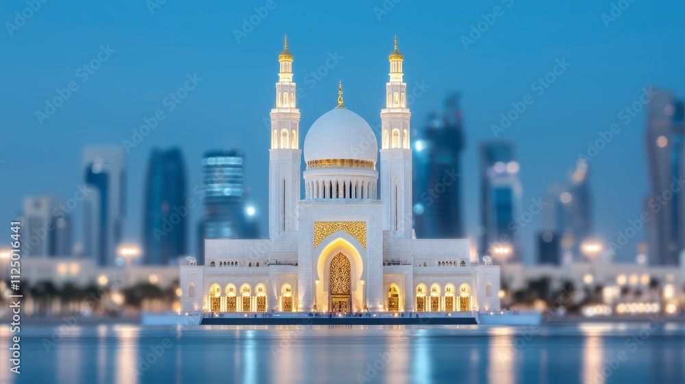 Fototapeta premium Illuminated Mosque at Dusk, Modern City Skyline