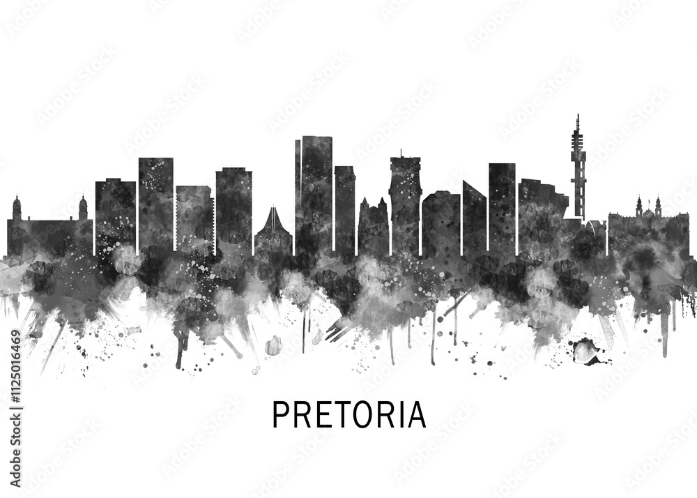Pretoria South Africa Skyline BW, abstract painting travel illustration urban art modern downtown landmarks skyscrapers colorful artwork architecture
