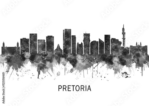 Obraz na płótnie Pretoria South Africa Skyline BW, abstract painting travel illustration urban art modern downtown landmarks skyscrapers colorful artwork architecture w salonie