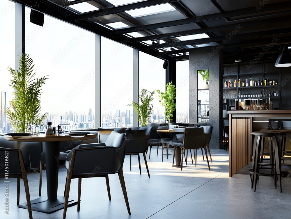 Urban rooftop cafe, chic and functional seating areas with city views, 3D illustration Urban rooftop cafe, chic and functional seating areas with city views, 3D illustration