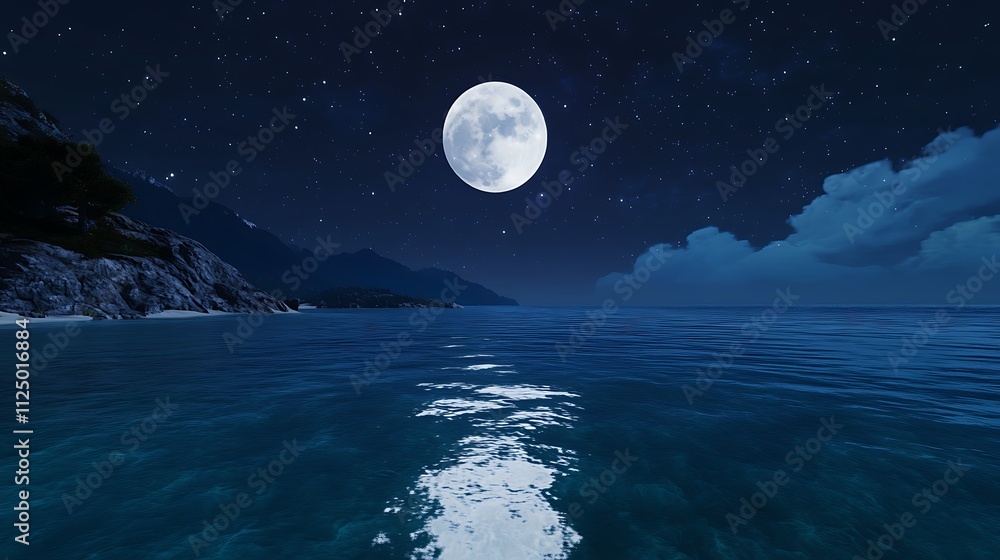 Serene Moonlit Ocean with Stars Glimmering in the Night Sky Serene Moonlit Ocean with Stars Glimmering in the Night Sky