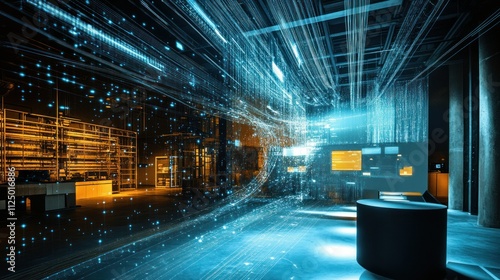 Seamless integration of ERP, CRM, and MES systems visualized as intertwined data streams projected above the production floor