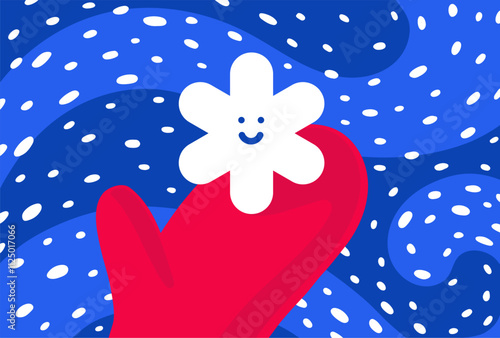 A red glove holds a smiling cute snowflake against a snowfall background. Vector flat color illustration.