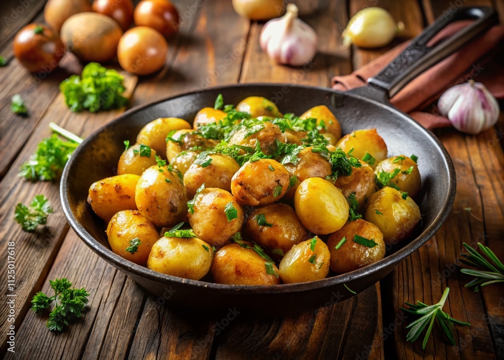 Close-Up of Crispy Fried Baby Potatoes with Garlic and Herbs in a Pan - Perfect for Homemade Cooking Inspiration Close-Up of Crispy Fried Baby Potatoes with Garlic and Herbs in a Pan - Perfect for Homemade Cooking Inspiration