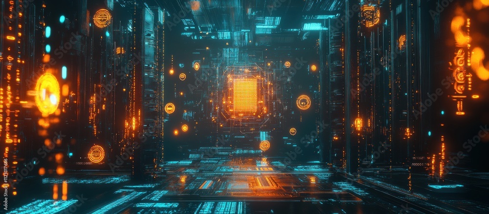 Futuristic digital corridor with glowing orange and blue lights. Futuristic digital corridor with glowing orange and blue lights.