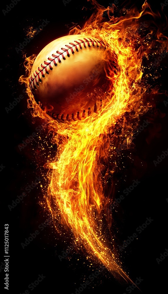 Fiery Fastball A Baseball Engulfed in Dramatic Flames Against a Stark Black Background. Fiery Fastball A Baseball Engulfed in Dramatic Flames Against a Stark Black Background.
