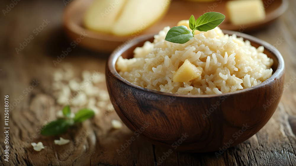 Mango sticky rice artfully presented in a traditional Thai wooden bowl Mango sticky rice artfully presented in a traditional Thai wooden bowl