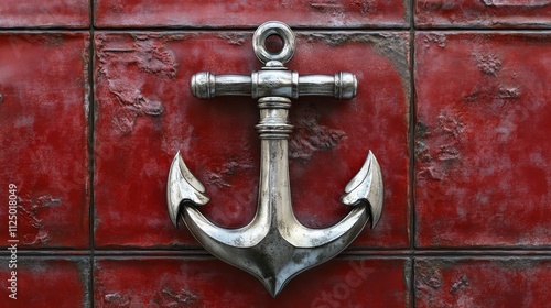 Decorative metallic anchor mounted on a textured red wall