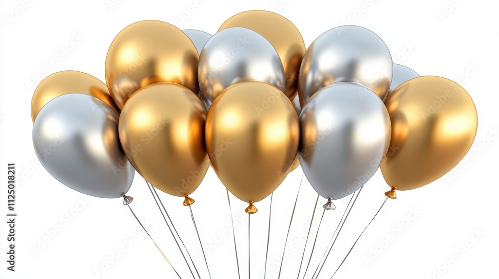 Sparkling Gold and Silver Balloons - Festive Celebration on Clean Background Sparkling Gold and Silver Balloons - Festive Celebration on Clean Background