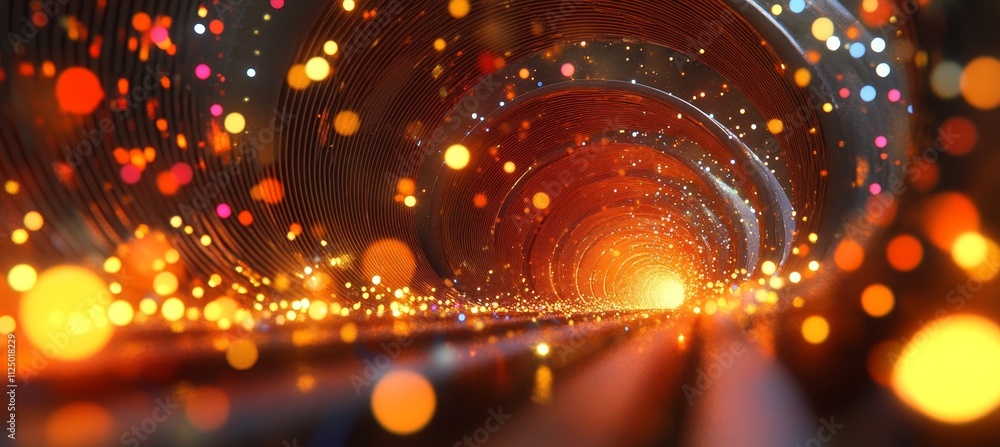 Obraz premium Futuristic Tunnel With Shining Lines, Glowing Particles, and Sparkling Lights on Dark Background