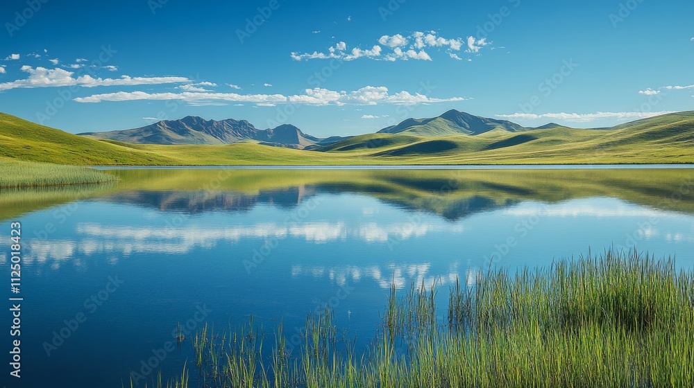 Obraz premium Serene Mountain Lake Reflecting Sky And Hills