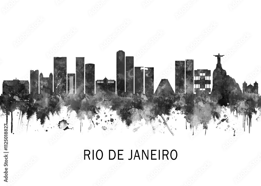 Obraz premium Rio de Janeiro Skyline BW, abstract painting travel illustration urban art modern downtown landmarks skyscrapers colorful artwork architecture