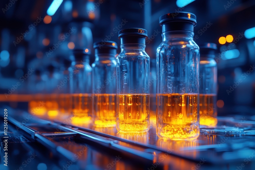 Bottles filled with glowing liquid in a laboratory setting. Bottles filled with glowing liquid in a laboratory setting.