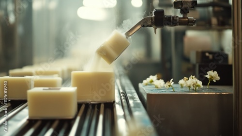 Wallpaper Mural Soap manufacturing line with molds, soaps popping out, conveyor moving them to wrapping machines, subtle floral scent implied Torontodigital.ca