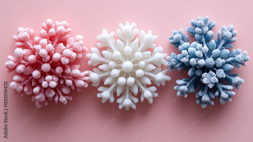 Fototapeta premium Decorative snowflakes in pink, white, and blue on a pastel background