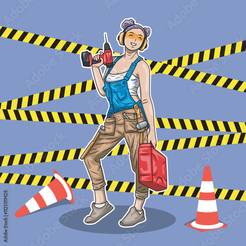 vector illustration of a woman in a workshop costume carrying a drill, with a background of danger lines and project cones
