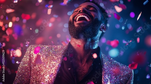 happy man in glowing jacket confetti smile photo