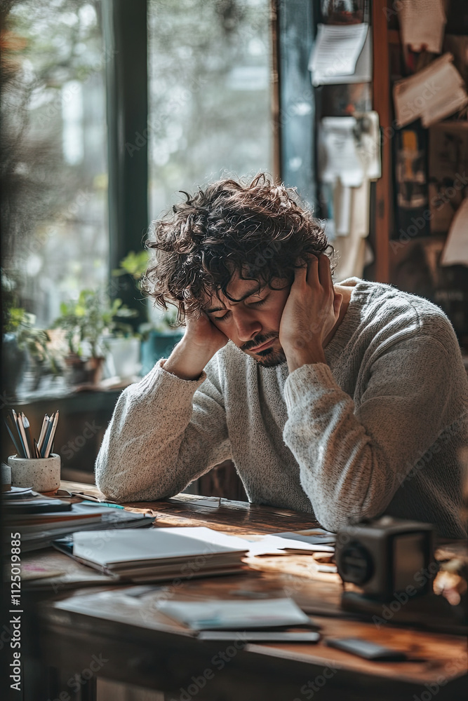 Fototapeta premium Stressed individual with a messy workspace, trying to focus