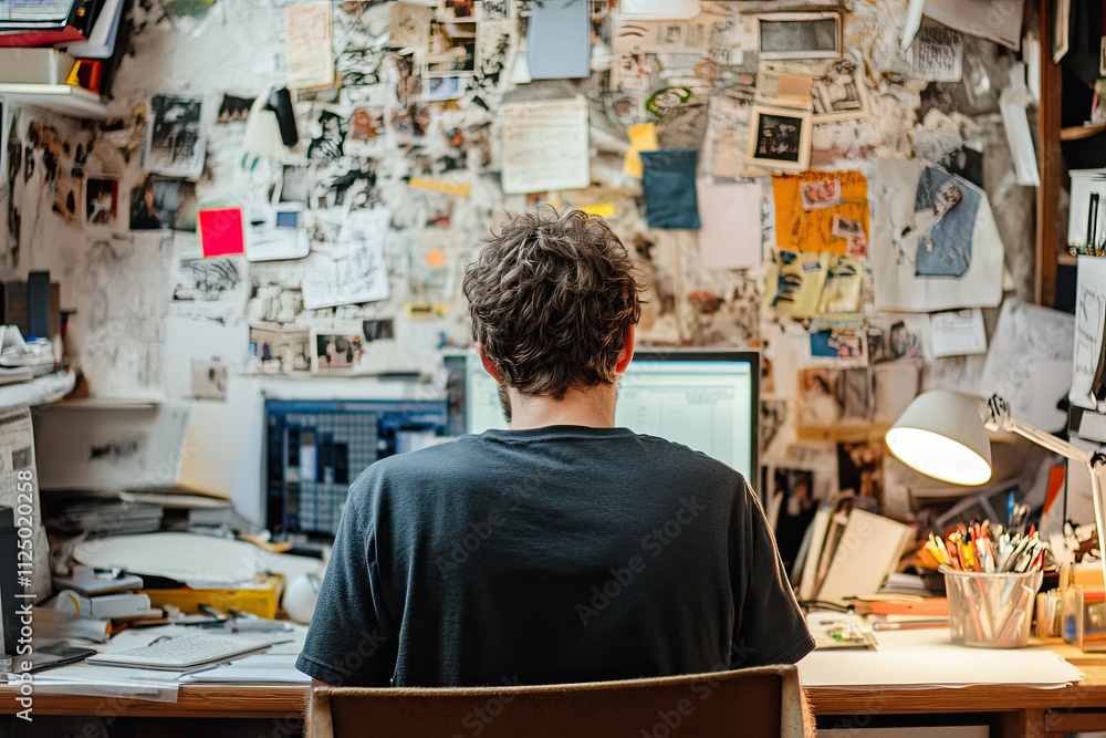Stressed individual with a messy workspace, trying to focus Stressed individual with a messy workspace, trying to focus