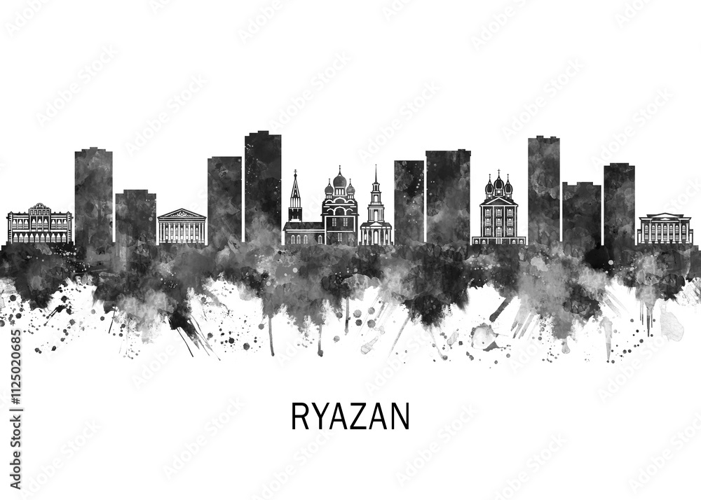 Fototapeta premium Ryazan Russia Skyline BW, abstract painting travel illustration urban art modern downtown landmarks skyscrapers colorful artwork architecture