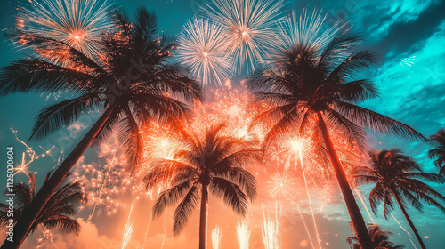 fire cracker above the trees at night to celebrate new year 2025 photo