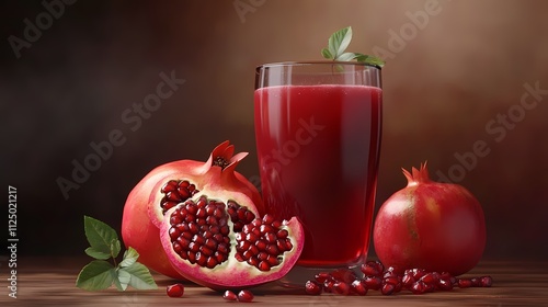 Refreshing pomegranate juice served in a glass, surrounded by ripe pomegranates and green leaves.