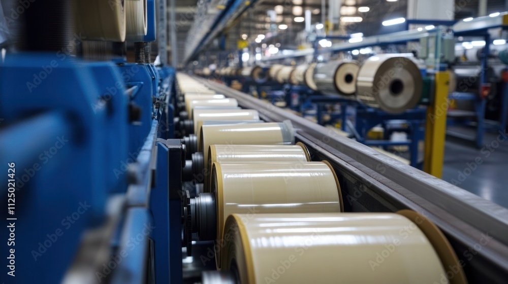 Fototapeta premium Tape manufacturing line, large rolls of adhesive tape unwound, slit into narrower strips, then rewound onto smaller spools