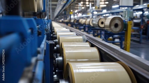 Tape manufacturing line, large rolls of adhesive tape unwound, slit into narrower strips, then rewound onto smaller spools