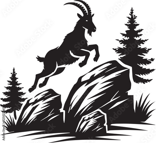 Mountain goat jumping between two rocks black vector silhouette