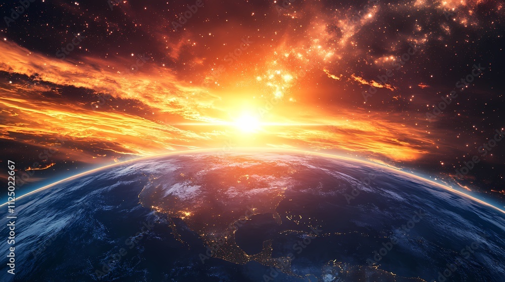 Stunning view of Earth from space during sunrise, showcasing vibrant orange hues illuminating the horizon. Stunning view of Earth from space during sunrise, showcasing vibrant orange hues illuminating the horizon.