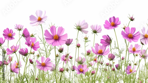 A vibrant collection of pink cosmos flowers blooming against a white background, showcasing nature's beauty.