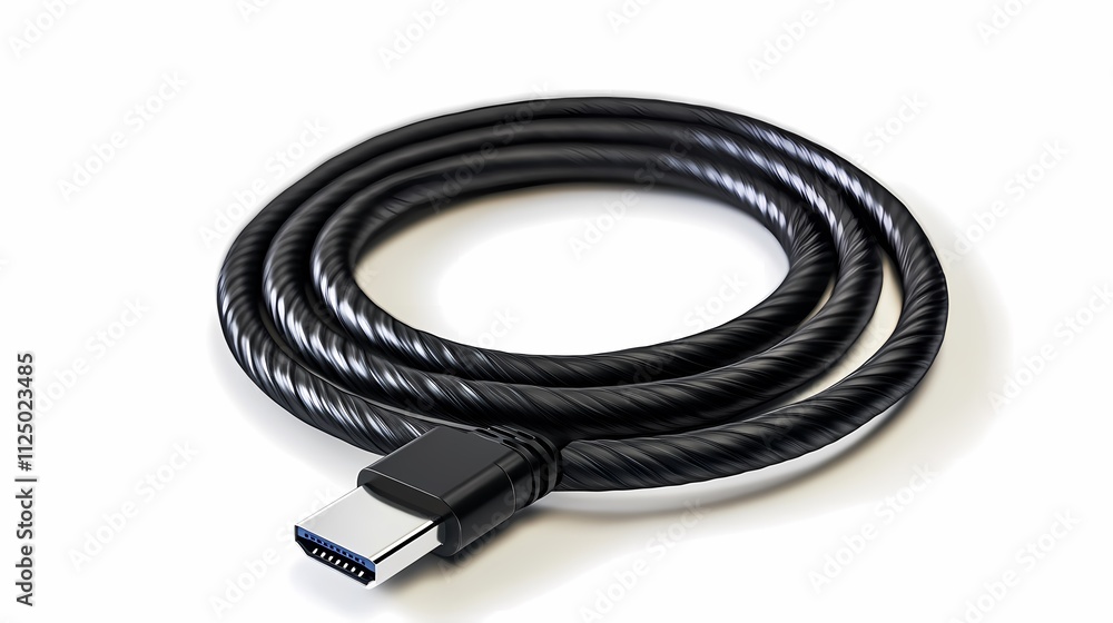 A close-up of a coiled black USB-C cable on a clean white background. A close-up of a coiled black USB-C cable on a clean white background.