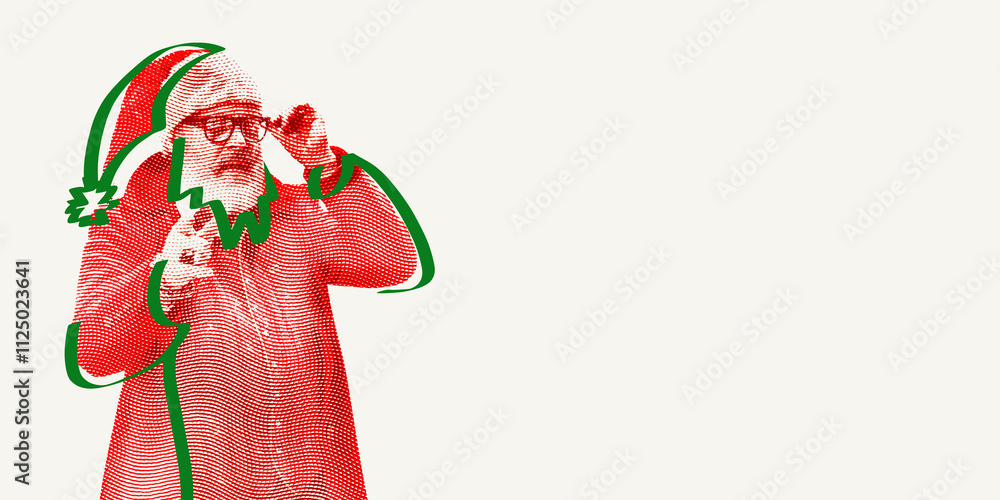 Naklejka premium Elderly man in glasses, Santa Claus gesturing with serious face. Creative illustration with hand drawn doodles. Concept of Christmas and New year, winter holidays, fantasy. Banner. Copy space for ad