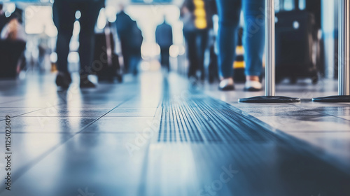 Close-up view of an airport security checkpoint line, focusing on travelers' feet and floor tiles with blurred security area in the background. Shallow depth of field emphasizes the line and creates 