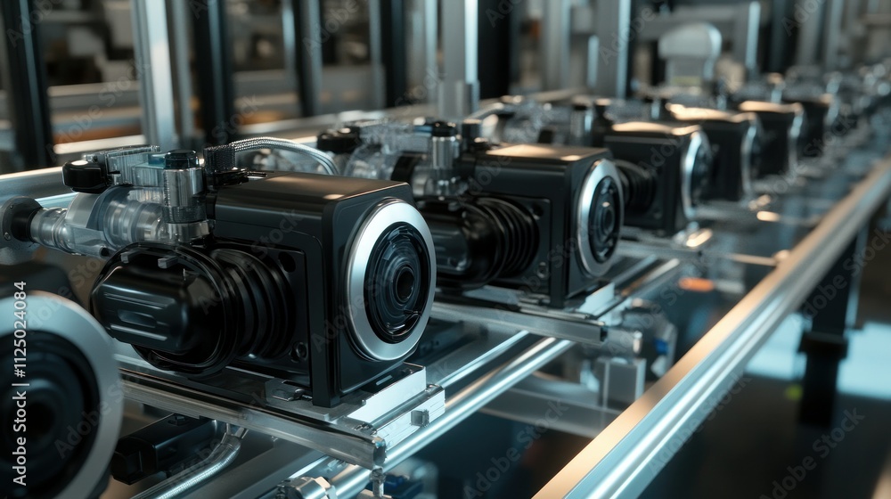 Vacuum cleaner assembly line, motors installed in casings, hoses attached, quality test station at the end Vacuum cleaner assembly line, motors installed in casings, hoses attached, quality test station at the end