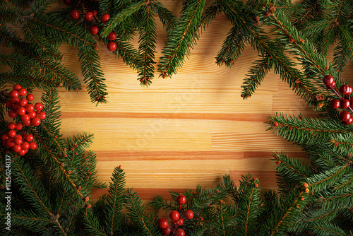Obraz na płótnie Christmas background. Fir branches on a wooden background. New Year and Christmas decorations as a festive background. w salonie