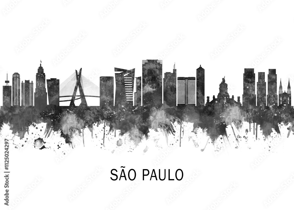 Sao Paulo Brazil Skyline BW, cityscape landscape watercolor abstract painting splash travel art illustration graphic design urban art modern downtown
