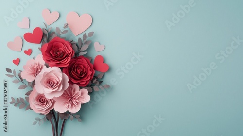 A bouquet of pink and red roses surrounded by colorful hearts on a soft blue background, conveying love and affection.