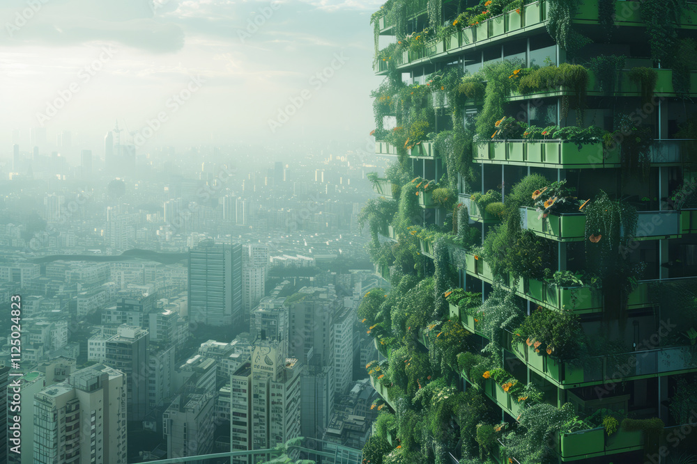 Obraz premium Lush vegetation adorns a contemporary high-rise building, showcasing sustainable urban design