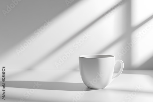 Coffee cup and white peonies flowers on white table with copyspace photo