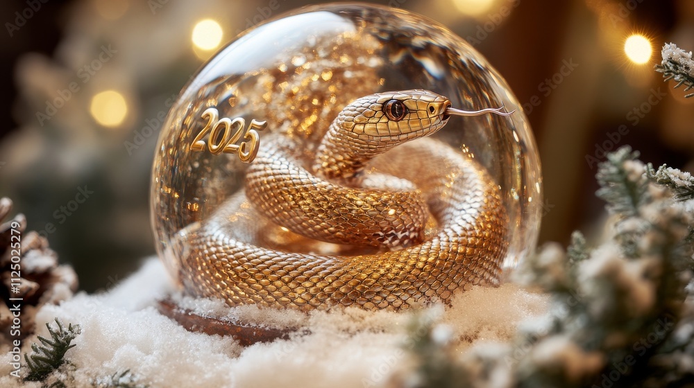 A crystal snow globe with a tiny golden snake coiled around a miniature A crystal snow globe with a tiny golden snake coiled around a miniature