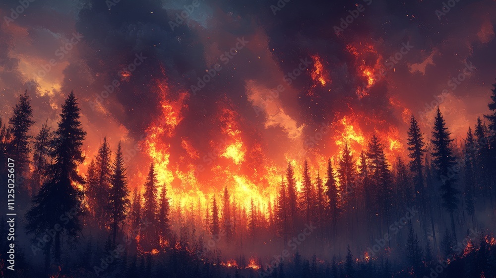 Fototapeta premium Fiery Inferno Consumes Dense Coniferous Forest