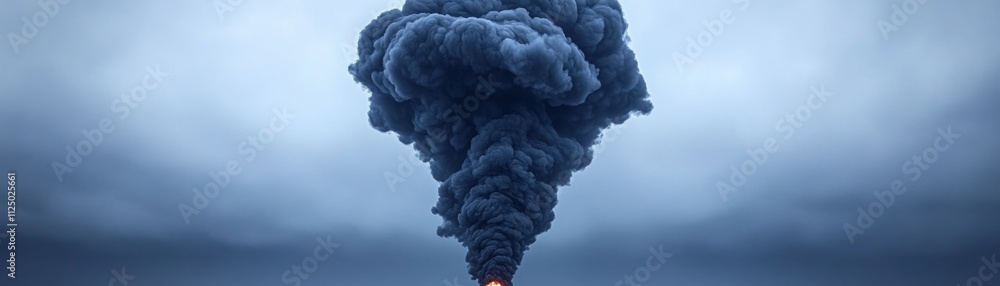 A dramatic, thick plume of black smoke billows against a muted sky, a fiery base hinting at intense combustion. The ominous image evokes feelings of destruction and uncertainty. A dramatic, thick plume of black smoke billows against a muted sky, a fiery base hinting at intense combustion. The ominous image evokes feelings of destruction and uncertainty.
