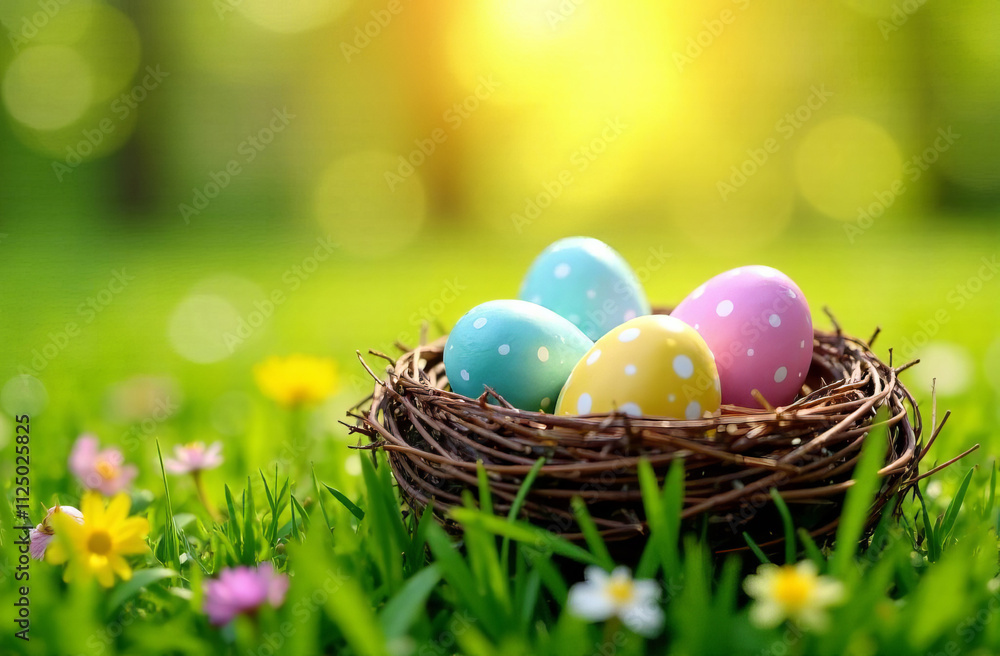 Nest with easter eggs in grass on a sunny spring day, Easter decoration Nest with easter eggs in grass on a sunny spring day, Easter decoration